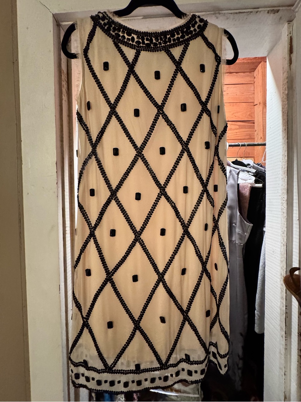 Sleeveless Cream Embellished Silk Dress with Black Beaded Lattice